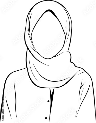 Hand Drawn Beautiful Female Doctor Wearing Hijab Black and White Illustration in Minimal Line Art Style Design