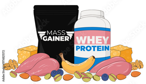 Professional fitness nutrition vector illustration set featuring mass gainer pouch, whey protein jar, and high protein whole foods like chicken breast, eggs, nuts, and fruit on white background..eps