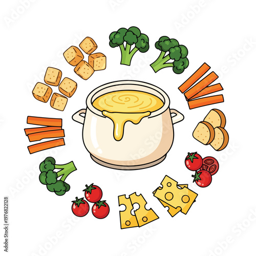 Illustration of a pot of cheese fondue surrounded by broccoli, carrots, bread, tomatoes and cheese slices on a white background.