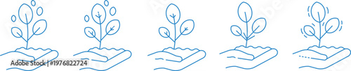 Seedling growth icon set, human hands holding small green plants with leaves for environmental care.cology and sustainability icons, creative symbols of hands nurturing young seedlings 
