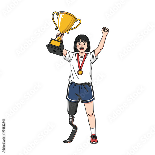 Disabled Athlete Wins Gold Trophy and Medal, Celebrating Victory