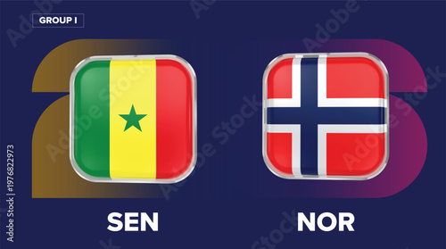 Senegal vs Norway Flags Background - Group I Match, World Cup 2026