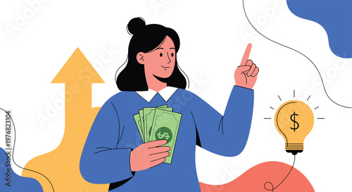 Confident woman in a blue sweater holds dollar bills and points towards a lightbulb icon, illustrating successful financial ideas and wealth.