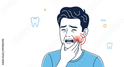 Young man suffers from intense toothache while holding his jaw in pain, surrounded by dental icons representing health problems.