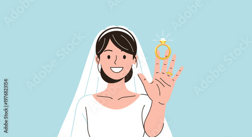 Radiant bride in a white wedding gown and veil joyfully shows off her sparkling diamond engagement ring on her hand against blue.