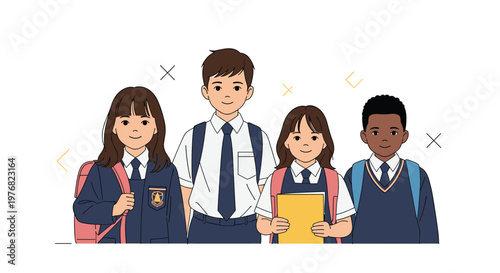 Group of diverse school children wearing neat blue uniforms and backpacks stand together, representing education and school friendship.