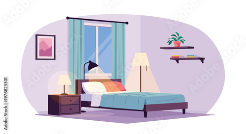 Modern bedroom interior features a comfortable bed with pillows, lamps, a window with curtains, and wall decor for a cozy atmosphere.