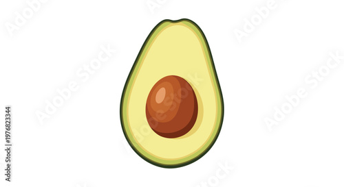 Ripe avocado cut in half shows the creamy green flesh and the large brown pit in a simple and clean vector illustration for food.