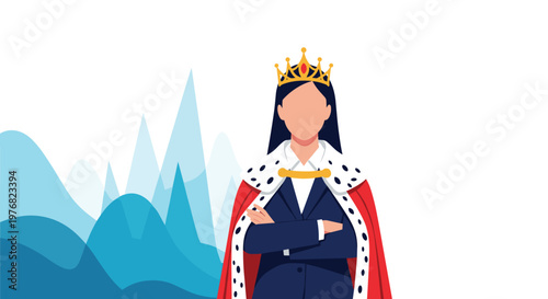 Powerful woman dressed as a queen with a golden crown and red cape stands before mountains, symbolizing leadership and authority.