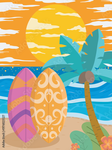 Tropical Beach Sunset with Surfboards