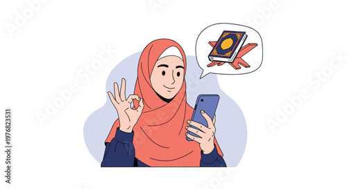 Young Muslim woman wearing a hijab looks at her smartphone and sees a Quran icon, representing modern religious practices and apps.