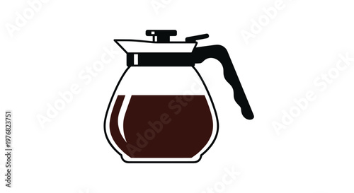 Minimalist icon of a glass coffee pot filled with dark liquid is presented on a white background, ideal for kitchenware designs.
