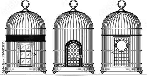 Vintage Birdcage Silhouette Set with Decorative Ornate Metal Enclosure Designs, Antique Bird House Vector Graphics, and Elegant Pet Aviary Interior Decoration Elements for Design