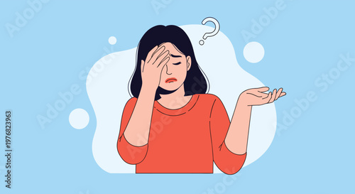 Confused young woman in an orange sweater touches her forehead while a question mark appears above her, showing doubt or worry.