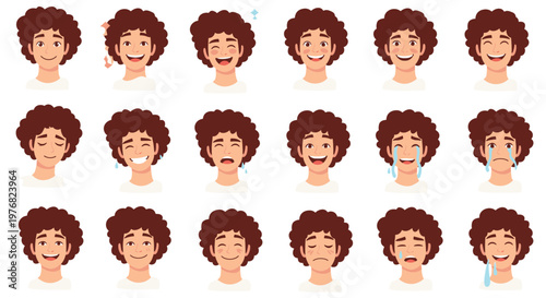 Diverse collection of male avatar faces shows eighteen different emotional expressions such as laughter, sadness, and anger.
