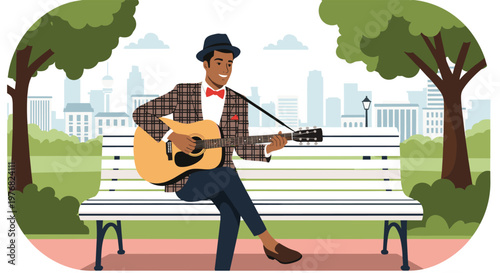 Fashionable man in a plaid suit and fedora sits on a park bench while playing an acoustic guitar against a stylized city skyline backdrop at daytime.