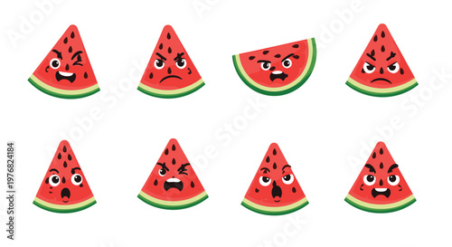 Collection of cute watermelon slices displaying various animated facial expressions ranging from happy and surprised to angry and suspicious icons.