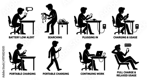 Smartphone battery charging process icons, black silhouette man using mobile phone set, portable power bank and charger cable vector illustrations