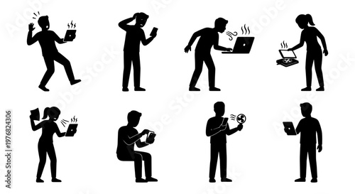 Frustrated people with broken technology silhouettes, set of 8 icons showing computer problems and phone glitches, stressed users with malfunctioning devices