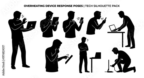 Overheating device response poses, tech silhouette pack of 8 elements, frustrated man using hot laptop and smartphone, broken computer hardware icons