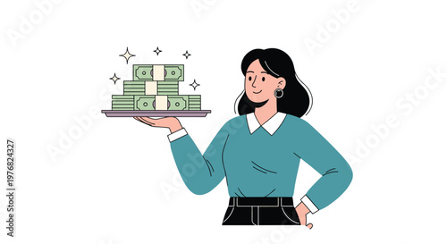 Smiling woman in a teal sweater presents a silver platter stacked with bundles of paper money symbolizing wealth, profit, or service rewards on white.