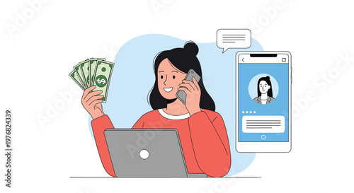 Busy entrepreneur works on her laptop and talks on a smartphone while holding several banknotes suggesting successful online business or remote income.