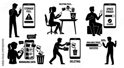 Smartphone storage full and data management icon set, people deleting files to free up space, mobile memory cleaning vector silhouettes