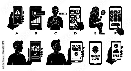Smartphone storage full and space freed icon set, mobile phone memory management vector, 11 black silhouette icons for data cleaning and optimization