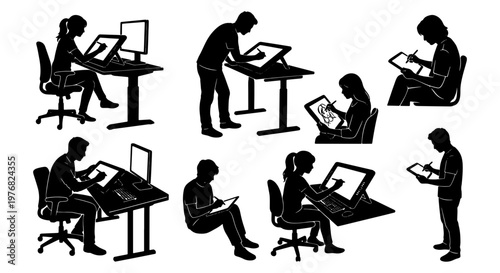 Digital artist silhouette collection, creative designers working on graphic tablets and displays, set of 8 vector illustrations of illustrators