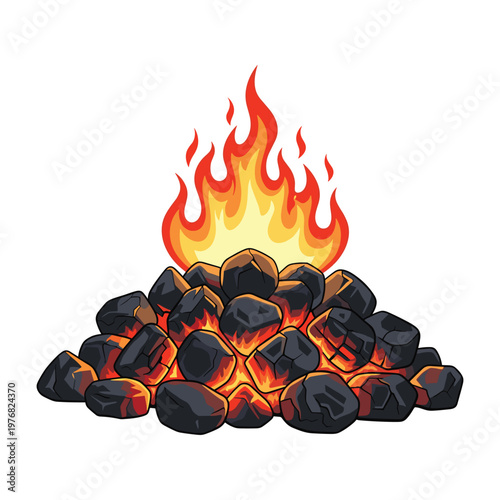 Illustration of glowing hot charcoal briquettes with a bright flame