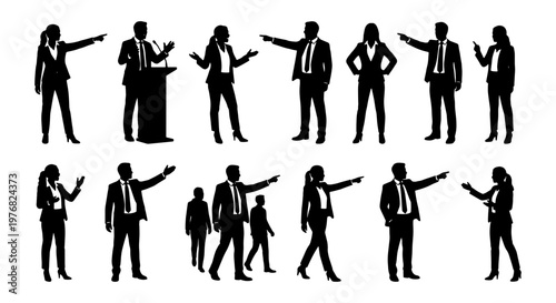 Professional business people silhouettes set, corporate leaders and public speakers in suits, 14 vector figures of men and women in formal attire