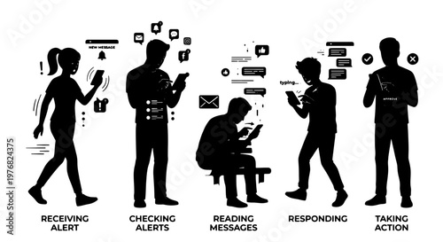 Smartphone addiction silhouette set, people using mobile phones for messaging and alerts, black and white digital communication vector icons