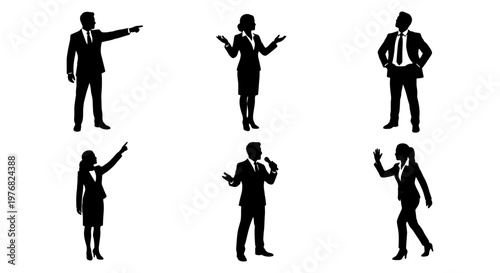 Professional business people silhouettes set, corporate office workers in formal suits, collection of 6 black vector figures for presentation