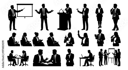 Professional business people silhouettes set, corporate presentation and office meeting vector icons, 20 black figures in formal suits