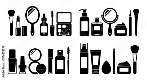 Minimalist cosmetic icon set, black silhouette makeup products and skincare bottles, beauty salon equipment vector illustrations for web design