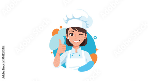 Friendly female chef wearing a white uniform and hat gives a thumbs up and a wink inside a circular blue frame against a clean white background.