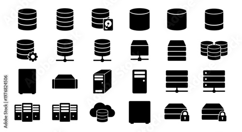 Database and server icon set, 24 black flat vector symbols for data storage and network infrastructure, cloud computing and hosting hardware elements
