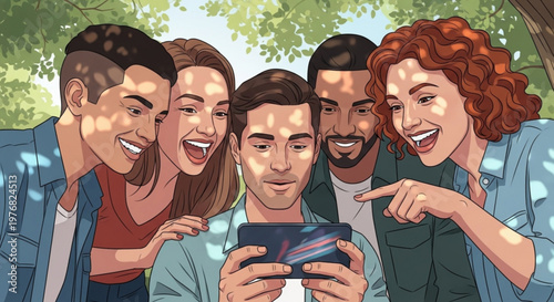 Diverse group of friends watching a video on a smartphone outdoors sharing a moment of joy and connection illustration for lifestyle content