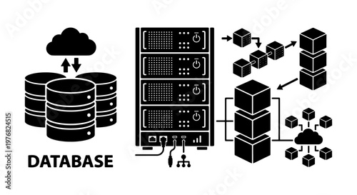 Data center infrastructure vector icons, database storage and cloud computing server rack, blockchain network and big data processing symbols