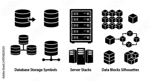 Database storage symbols and server stacks, black data blocks silhouettes vector set, cloud computing and information technology infrastructure icons