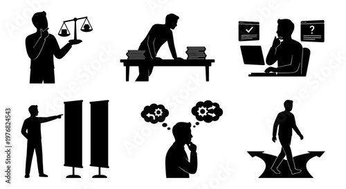 Business decision making silhouette icons, professional man choosing options and weighing scales, set of 6 vector office worker concepts