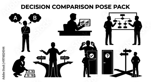 Decision Comparison Pose Pack, Business Silhouette Set of People Making Choices, Professional Problem Solving and Strategy Planning Vector Icons
