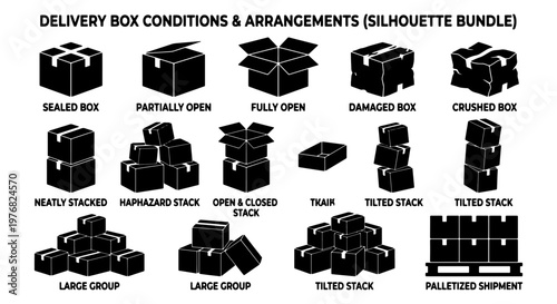 Delivery box conditions and arrangements silhouette bundle, cardboard shipping package icons set, damaged and stacked cargo boxes for logistics