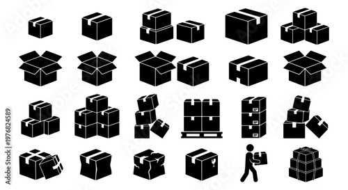 Cardboard box icon set, shipping parcel and delivery package vector collection, black warehouse logistics symbols for distribution and storage