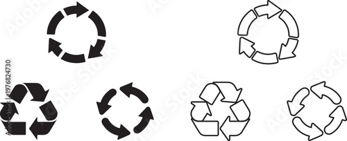 Collection of six black and white recycling symbols showing arrows in a circular motion for reuse