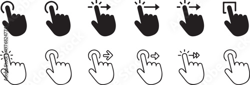 Comprehensive set of black and outline hand cursor icons representing various tap swipe and drag gestures