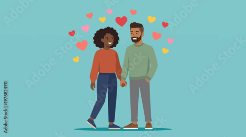 Happy couple holding hands surrounded by hearts illustration.