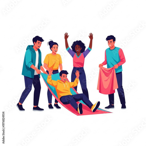 Group of teenagers having fun sliding on a blanket indoors - Concept of teenagers, children  