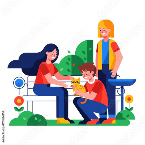 Young people playing with a cat in a park surrounded by nature  