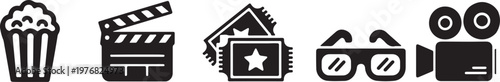 Essential cinema and movie industry icons including popcorn, clapperboard, tickets, 3D glasses, and film camera elements